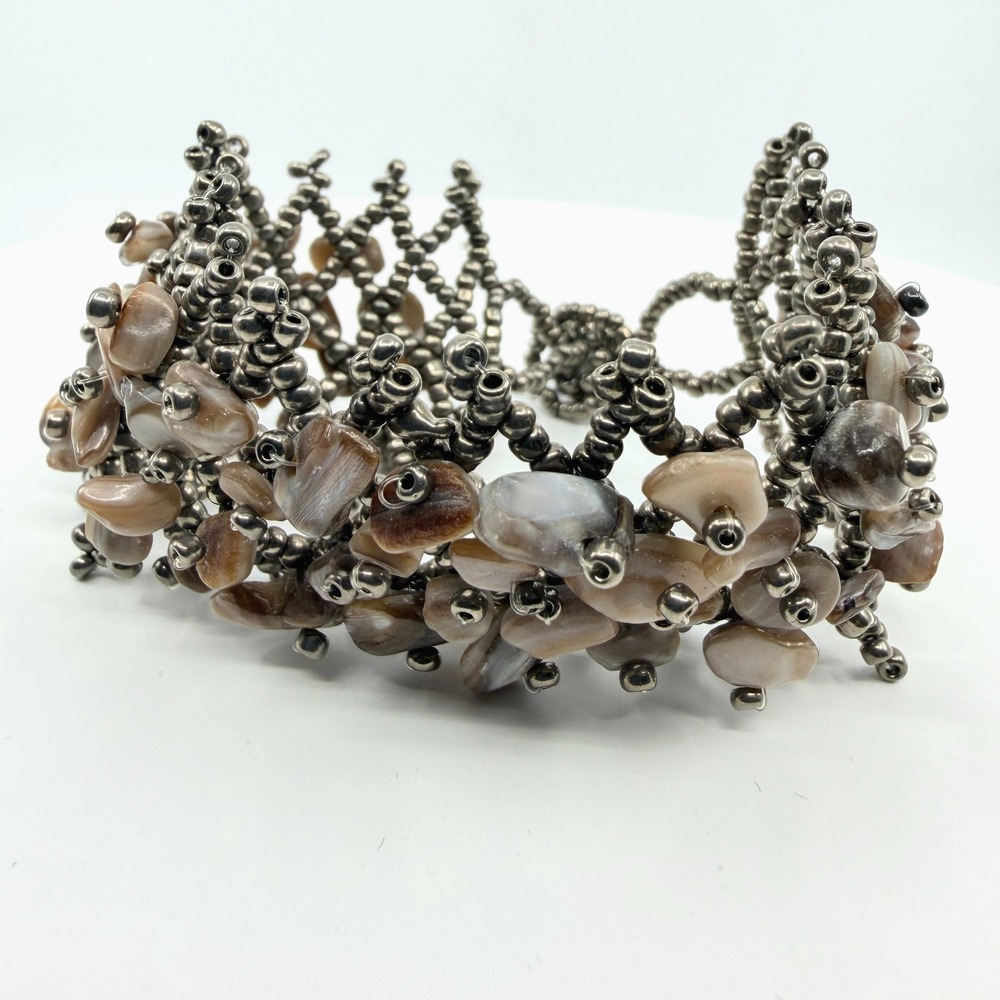 Vintage Y2K Gunmetal Seed Bead Mother of Pearl Woven Cuff Bracelet